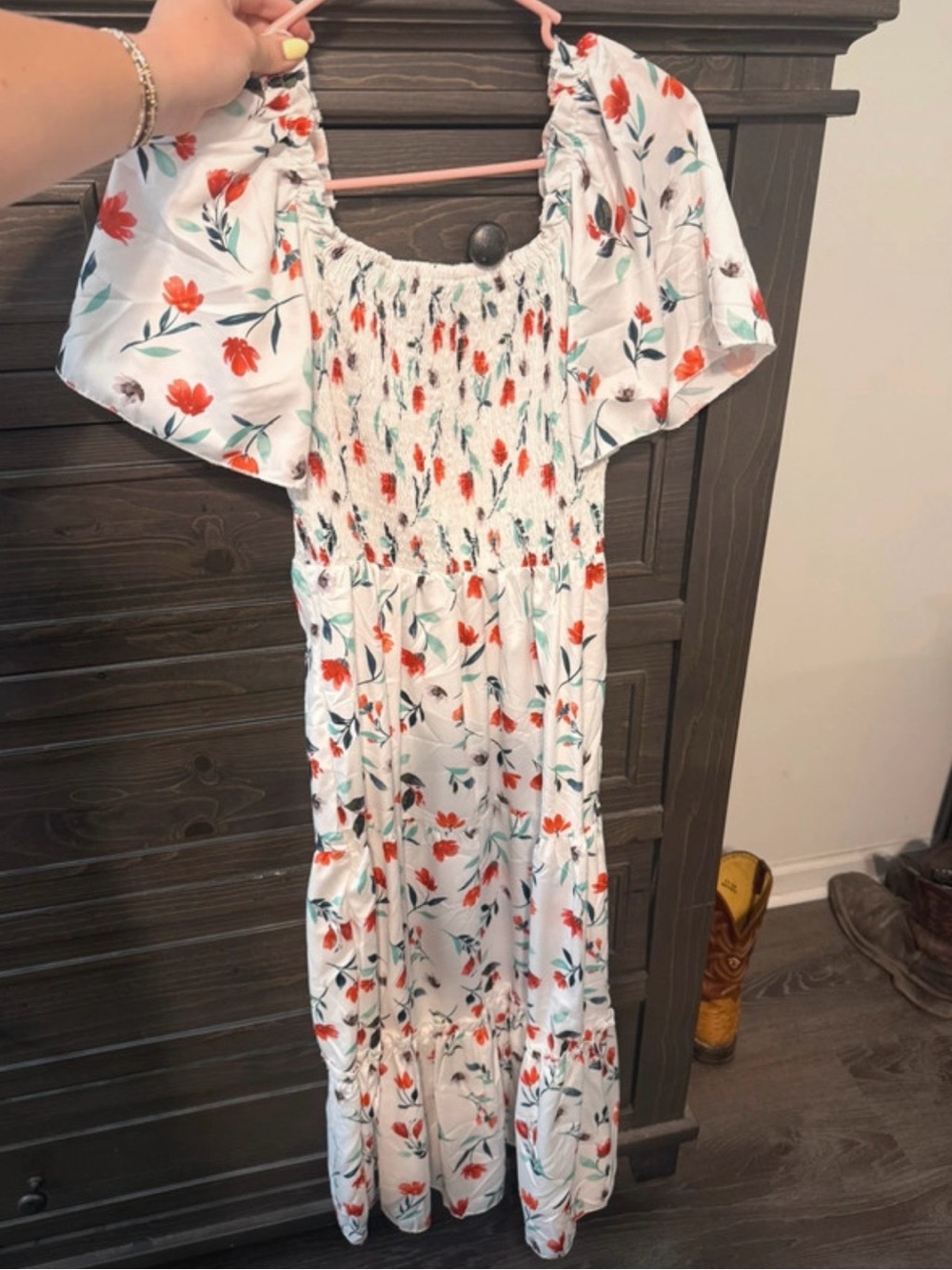 SHEIN White Midi Dress with Red Floral Print
